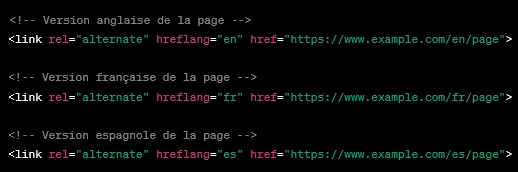 Lorsque vous cherchez à atteindre un public international avec votre site web, les balises Hreflang (Hreflang Tags) deviennent un outil essentiel pour améliorer le ciblage linguistique et régional. Ces balises sont utilisées pour indiquer aux moteurs de recherche quelles versions linguistiques ou régionales de votre contenu sont disponibles, garantissant ainsi que les utilisateurs voient la version appropriée de votre page dans les résultats de recherche.  Voici un exemple d'utilisation des balises Hreflang :  Supposons que vous avez un site web qui propose des produits en anglais, français et espagnol, avec des pages distinctes pour chaque langue. Vous souhaitez que les utilisateurs voient la version correspondante dans les résultats de recherche en fonction de leur langue préférée. Pour ce faire, vous pouvez utiliser les balises Hreflang dans le code HTML de chaque page pour indiquer la langue et éventuellement la région cible.